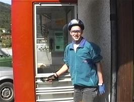 Nick gives a guided tour of a Norwegian telephone box at Olden Spar and Post Office, 11.5 miles from Stryn